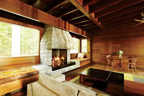 August Moon cabin living room and fireplace. 