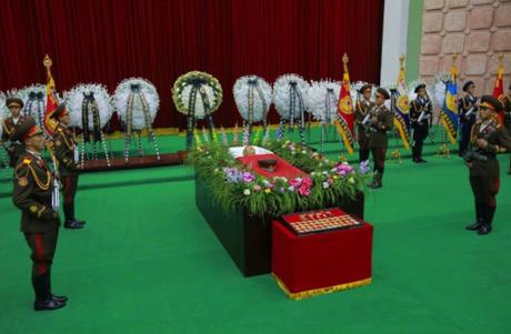 The body of MAR Ri Ul Sol, a former bodyguard to late DPRK President and founder Kim Il Sung and former member of the KPA high command. At the foot Ri's casket are various state awards, titles and gift watches presented to him over the course of his seven decade career (Photo: Rodong Sinmun).