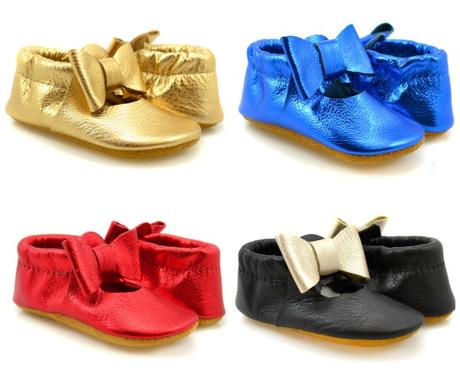 Festive Bow Moccasins in Gold, Royal, Ruby and Black & Silver