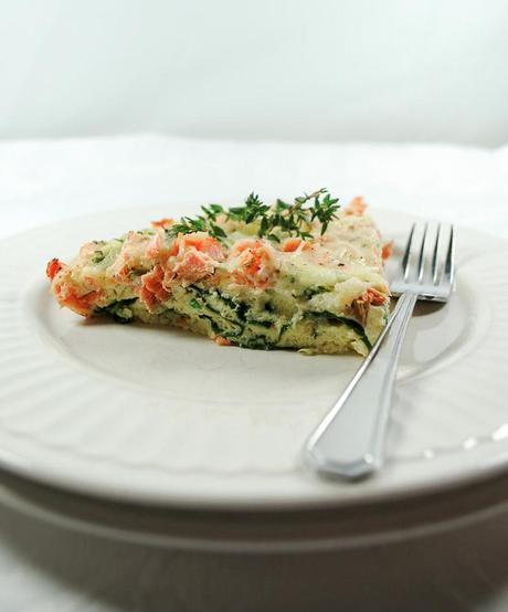 Healthy Salmon Crustless Quiche with Spinach and Sharp Cheddar Cheese