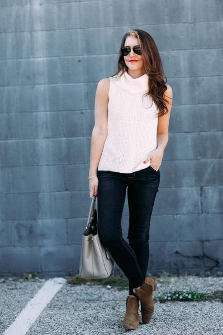 Amy Havins wears hudson skinny jeans with sleeveless sweater.