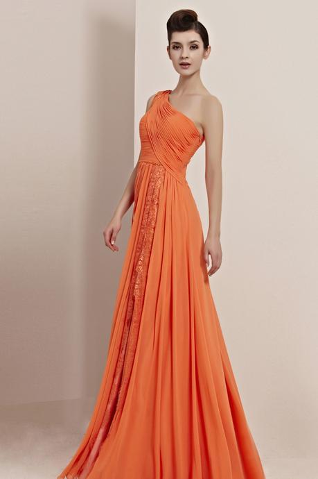 Stylish A-line One Shoulder Sleeveless Beading Draping Ruffles  Floor-length Chiffon Prom Dresses_1