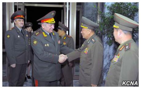Russian Federation Armed Forces 1st Vice Chief of the General Staff Col. Gen. Nikolai Bogdanovski shakes hands with Vice Chief of the KPA General Staff Col. Gen. O Kum Chol in Pyongyang on November 12, 2015 (Photo: KCNA).