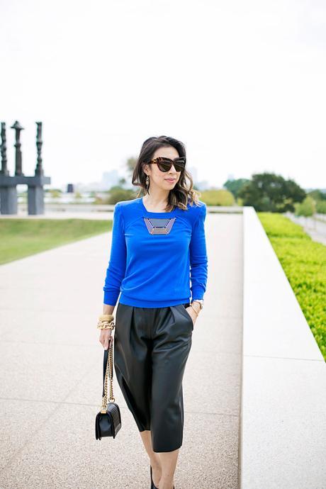how to wear leather culottes, louis vuitton cashmere sweater, how to wear blue and black