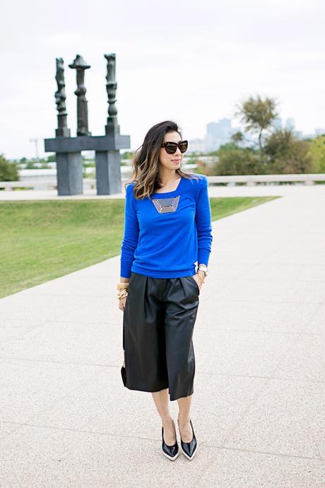 how to wear leather culottes, louis vuitton cashmere sweater, how to wear blue and black