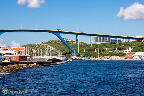 The Queen Anne bridge towers over the bay in Willemstad.