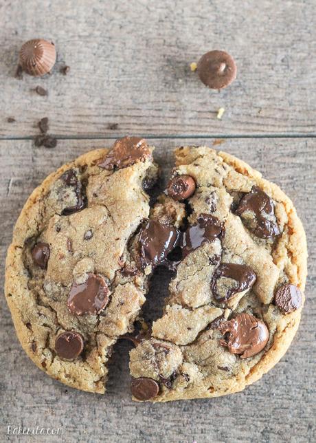 These Giant Peanut Butter Cup Chocolate Chunk Cookies are big, chewy, and full of peanut butter, peanut butter cups, and rich melted chocolate! If you love chocolate and peanut butter, these cookies will become a quick favorite.