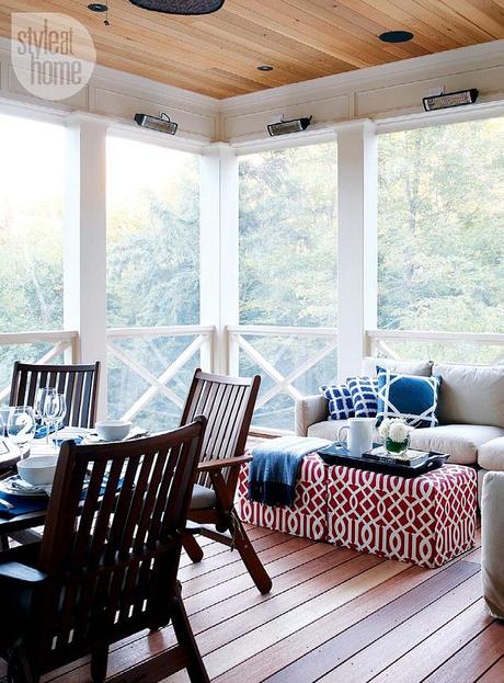 Screened Porch. Decorating and Furniture Ideas for Screened Porch. Screened-in porch with cedar ceiling and floor. #ScreenedPorch #Furniture #Decor Via Style at Home.: 
