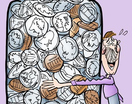 Detail image of happy man hugging big glass jar filled with coins quarters dimes nickels pennies with pun message Embrace Change