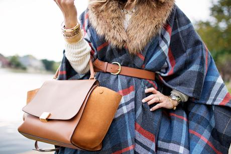 target plaid fur poncho, celine trapeze bag, how to layer for winter chic