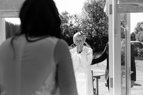 Mum sees bride in wedding dress for the first time and cries Langar Hall Wedding Photography