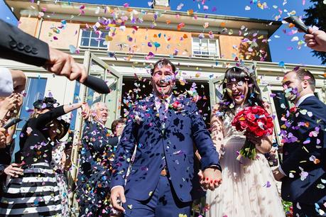 Colourful confetti exit Langar Hall Wedding Photography