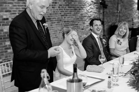 speech bride reacting to father Bride & Groom portraits in barley field Barmbyfield Barn Wedding Photography