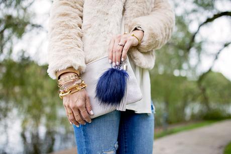 how to wear winter white, how to wear a faux fur jacket for day and night, casual and glam, target wonderlist, leather pouch with tassel and pom pom