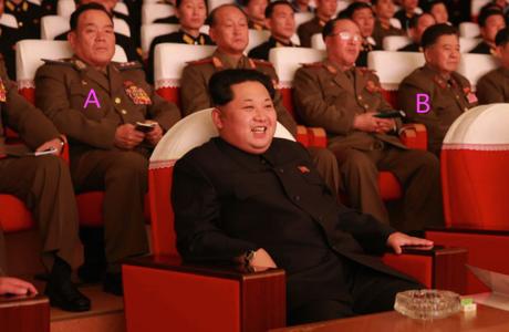 Kim Jong Un watches a concert given by KPA service members.  Also in attendance is (A) Col. Gen. Son Chol Ju (deputy director, KPA General Political Department, political director of the KPA Air and Anti-Air Force) and (B) Han Kwang Sang (department director, National Defense Commission) (Photo: Rodong Sinmun).