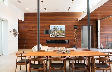 Dining Area, Living Room with Fireplace in Indian Summer home in Southern California