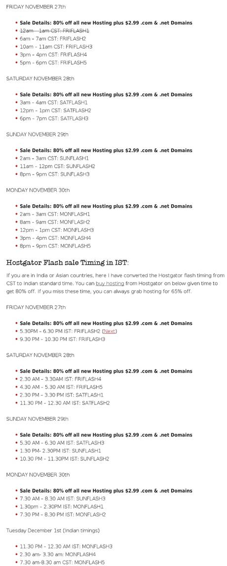 Hostgator 2015 BlackFriday Flash Sale 80% Off : IST and CST Timings