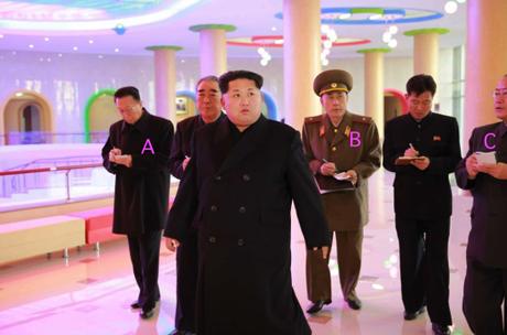 Kim Jong Un tours the renovated Mangyo'ngdae Schoolchildren's Palace in west Pyongyang. Also in attendance are Kim Yang Gon [A], Ma Won Chun [B] and Ri Il Hwan [C] (Photo: Rodong Sinmun).