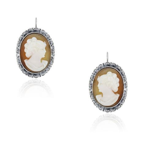 14k White Gold & Sterling Silver Vintage Cameo Earrings