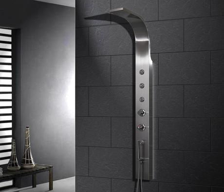 ravana shower panel fixtures head design modern sleek futuristic luxury rainfall waterfall chromatherapy bathroom design