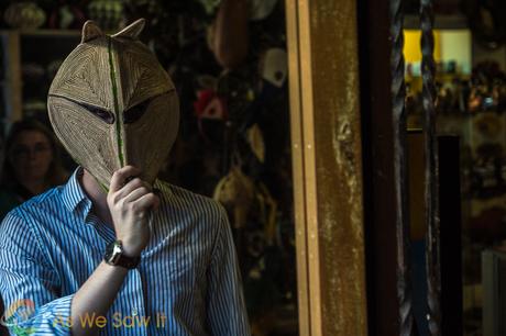 Masks made by the indigenous Emberá tribe are available at souvenir shops in Casco Viejo, Panama City, Panama.