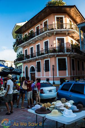 Vendors selling their wares along the waterside in Casco Viejo, Panama City, Panama