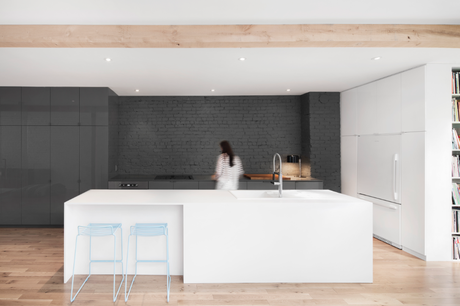 Light blue Hee Bar Stools by Hay and BLANCOCULINA faucet in kitchen of Anne Sophie Goneau Montreal renovation.