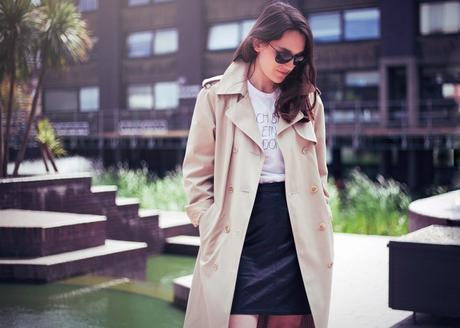 leather skirt and trench coat