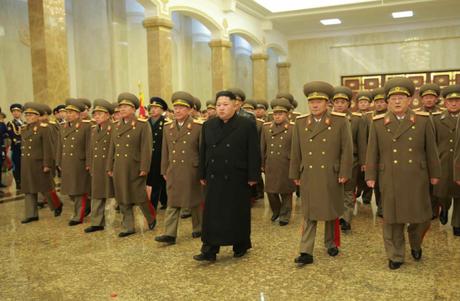 Kim Jong Un and members of the KPA high command visit Ku'msusan Palace of the Sun at midnight on December 17, 2015 (Photo: KCNA/Rodong Sinmun).