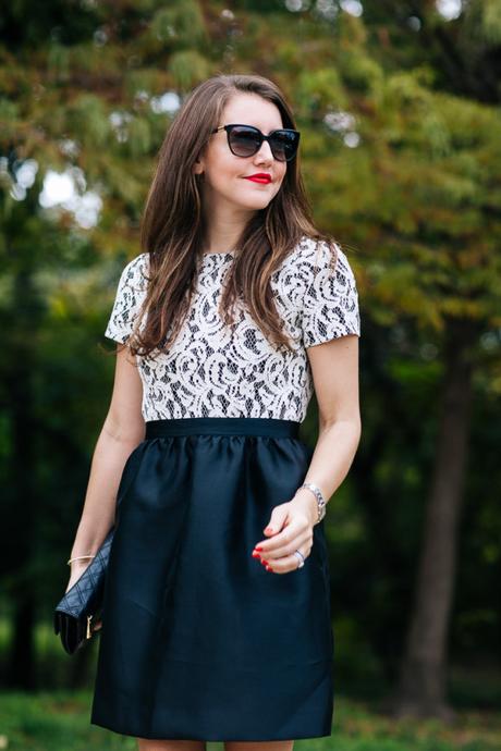 Amy Havins of Dallas Wardrobe wears a black and white shoshanna party dress.