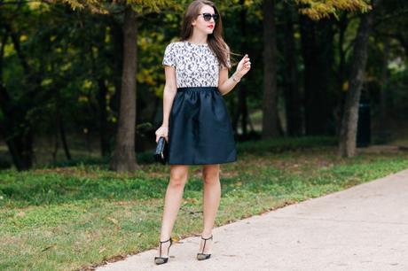 Amy Havins of Dallas Wardrobe wears a black and white shoshanna party dress.