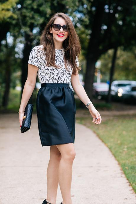 Amy Havins of Dallas Wardrobe wears a black and white shoshanna party dress.