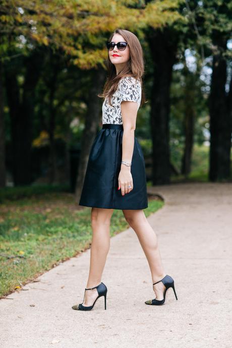 Amy Havins of Dallas Wardrobe wears a black and white shoshanna party dress.