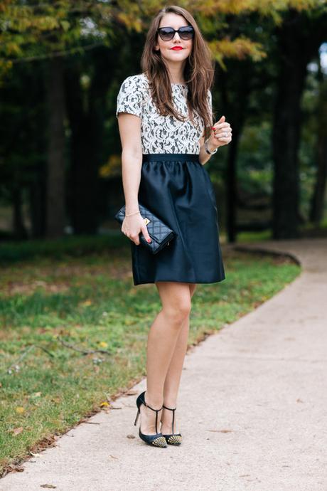 Amy Havins of Dallas Wardrobe wears a black and white shoshanna party dress.