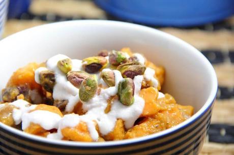Sweet Potato Coconut Curry Topped with Pistachios