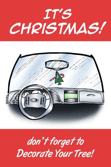 Humorous Christmas card car interior candy cane taped to pine tree air freshener it's Christmas don't forget to decorate your tree