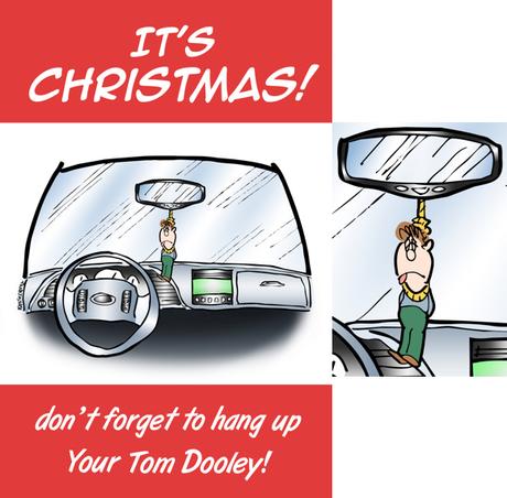 Humorous Christmas card car interior with little man hanging from rearview mirror don't forget to hang Tom Dooley famous Kingston Trio song