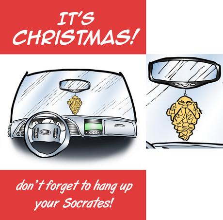 Humorous Christmas card car interior little Socrates ornament hanging from rearview mirror don't forget to hang up your Socrates