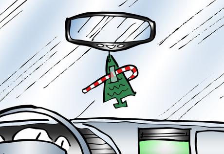 detail image Humorous Christmas card car interior candy cane taped to pine tree air freshener it's Christmas don't forget to decorate your tree