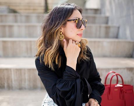 alexander mcqueen bow blouse, balenciaga cracked paint skirt, vintage chanel earrings, saint laurent sac de jour in red, how to wear a white skirt pussybow blouse