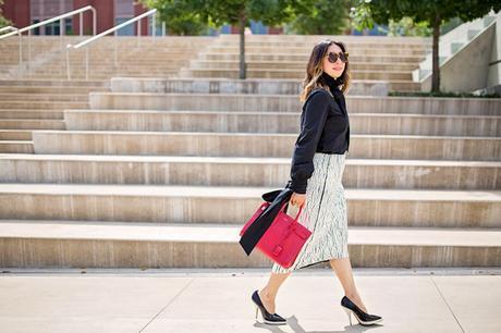 alexander mcqueen bow blouse, balenciaga cracked paint skirt, celine black and white pumps, saint laurent sac de jour in red, how to wear a white skirt pussybow blouse