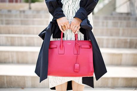 alexander mcqueen bow blouse, balenciaga cracked paint skirt, saint laurent sac de jour in red, how to wear a white skirt pussybow blouse