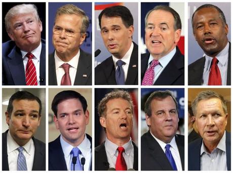 Republican presidential candidates (top row L-R) Donald Trump, Jeb Bush, Scott Walker, Mike Huckabee, Ben Carson, (bottow row L-R) Ted Cruz, Marco Rubio, Rand Paul, Chris Christie and John Kasich. The candidates are ready for their first debate Thursday night.