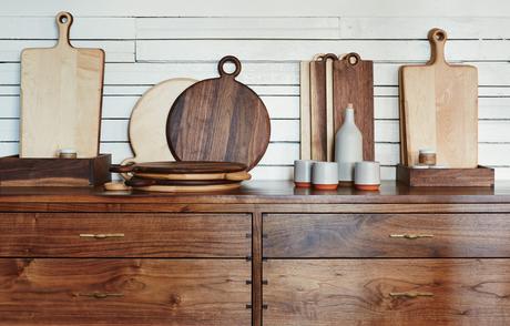 Marrow Goods cutting boards and credenza, along with Mazama Wares serving set, at Beam & Anchor shop in Portland.
