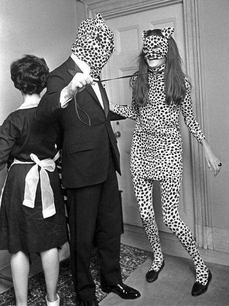 Masquerade Ball Group Portrait Lady In Leopard Catsuit