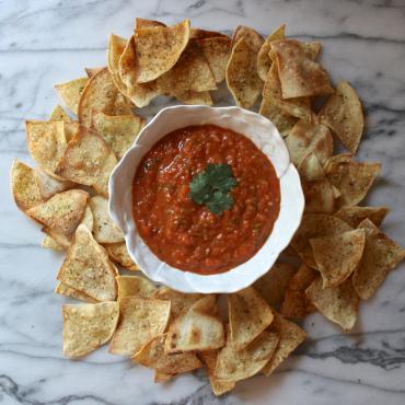 Roasted Tomato + Tomatillo Salsa with Baked Paprika Spiced Tortilla Chips