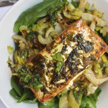 Seared Chimichurri Tofu with Caramelized Fennel and Celery