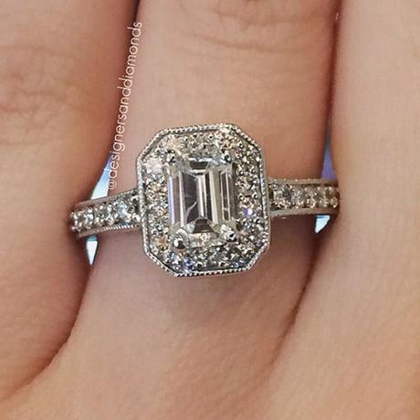 Emerald cut halo engagement ring