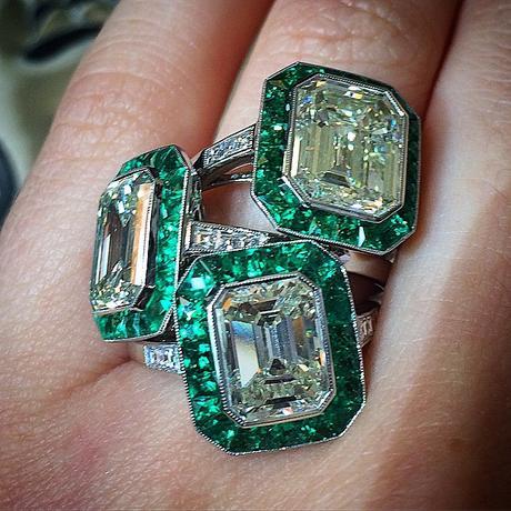 Emerald cut engagement ring with emerald halo