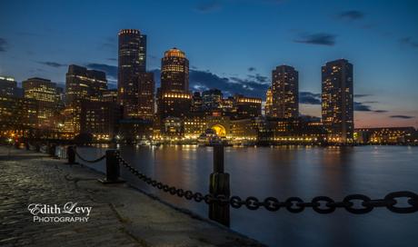 Boston, skyline, Fan Pier, sunset, blue hour, travel photography, harbour, lights, Charles River